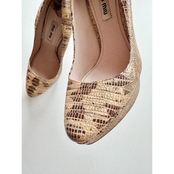 MIU MIU Beige Gold Brown Snakeskin Leather Round Toe Platform Pumps, Size 35.5 - Picture 7 of 16